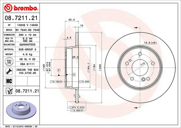 brembo BRAKE DISC MERCEDES BENZ Eクラス W210(セダン) 210070 1997/08〜2002/05 リア左右セット 08.7211.21