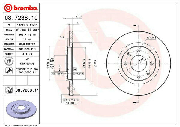 brembo BRAKE DISC CITROEN C3 A8KFV 2002/09〜2006/02 フロント左右セット 08.7238.11