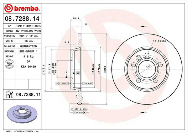 brembo BRAKE DISC VOLKSWAGEN ヴァナゴン/トランスポーター 70AAF/70ACU 1996〜1997 リア左右セット 08.7288.11