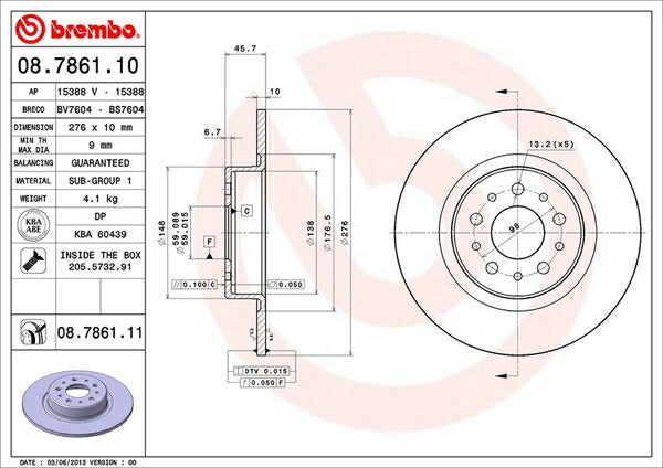 brembo BRAKE DISC ALFA ROMEO GT 93732L 2004/06〜2012/04 リア左右セット 08.7861.11