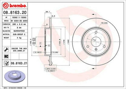 brembo BRAKE DISC SMART クーペ/ForTwo クーペ 451331/451333/451380/451332 2007〜2015/10 フロント左右セット 08.8163.21