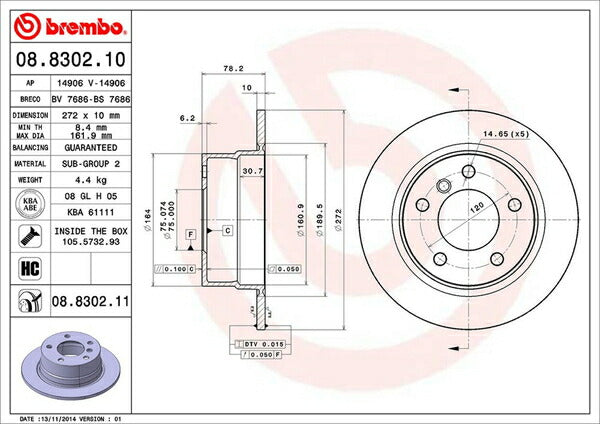 brembo BRAKE DISC BMW 3シリーズ E36 CG18 1991〜1996 リア左右セット 08.8302.11