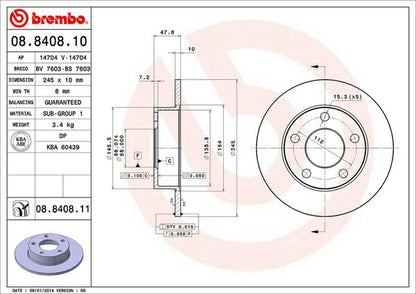 brembo BRAKE DISC AUDI A4(B5) 8DAGAF/8DAPSF 1994〜2001/06 リア左右セット 08.8408.11