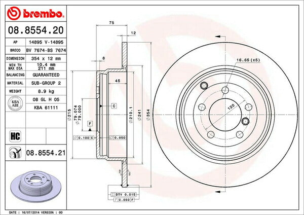 brembo BRAKE DISC LAND ROVER レンジローバー(III) LM44 2002/04〜2005/06 リア左右セット 08.8554.21