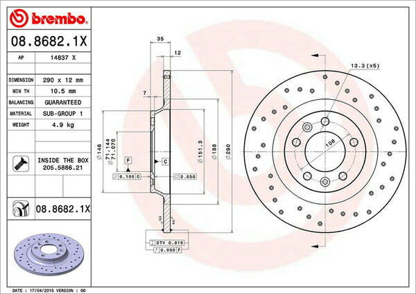 brembo XTRA BRAKE DISC CITROEN C5 ブレーキツアラー X7XFV 2008/10〜 リア左右セット 08.8682.1X