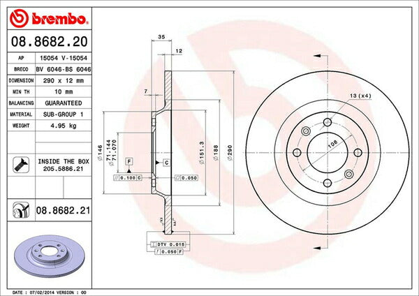 brembo BRAKE DISC CITROEN DS4 B7C5F03S 2011/09〜 リア左右セット 08.8682.21