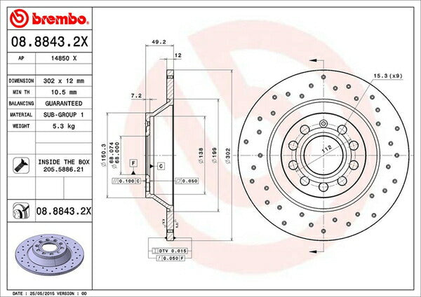 brembo XTRA BRAKE DISC AUDI A6(C6) 4FBDXS/4FBDXA/4FCCES/4FCCEA 2004/09〜2012/02 リア左右セット 08.8843.2X