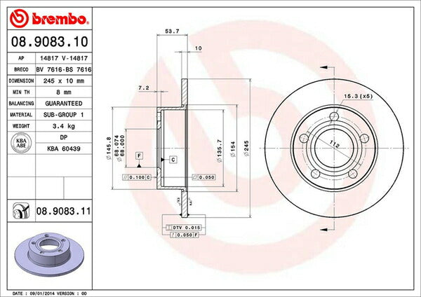 brembo BRAKE DISC AUDI A6セダン(C5) 4BAPRF 1999/09〜2001/11 リア左右セット 08.9083.11