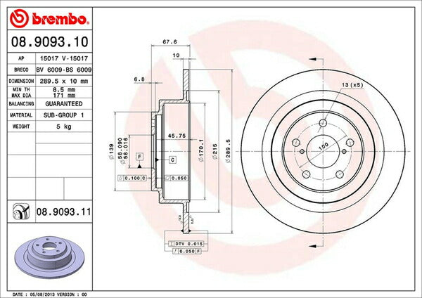 brembo BRAKE DISC スバル レガシィツーリングワゴン BH5 1998/06〜2003/05 リア左右セット 08.9093.10