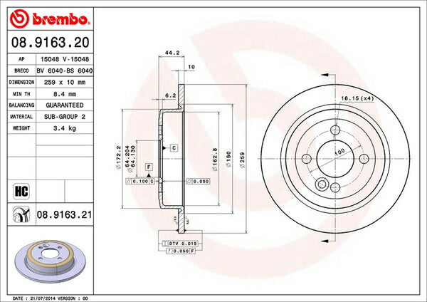 brembo BRAKE DISC MINI R56 SV16 2010/10〜2014/04 リア左右セット 08.9163.21