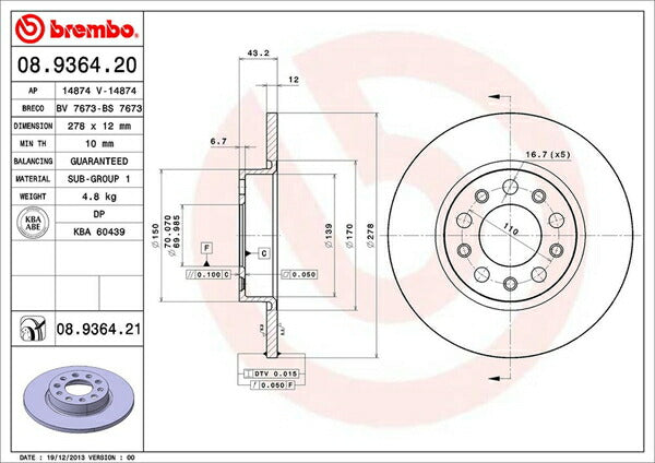 brembo BRAKE DISC ALFA ROMEO スパイダー 93922S 2008/03〜 リア左右セット 08.9364.21