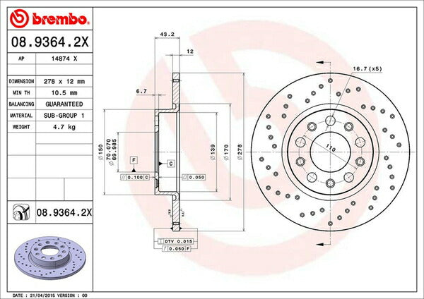brembo XTRA BRAKE DISC FIAT 500X 33414 2015/10〜2019/05 リア左右セット 08.9364.2X