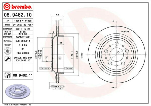 brembo BRAKE DISC VOLVO V70(I) 8B5254AW/8B5244AW 1997/07〜2000/03 リア左右セット 08.9462.11