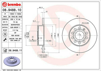 brembo BRAKE DISC VOLKSWAGEN ゴルフVI 1KCBZ 2009/04〜2013/04 リア左右セット 08.9488.11