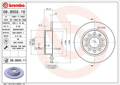 brembo BRAKE DISC AUDI A3スポーツバック 8PBLR/8PBVY 2006/07〜2013/09 リア左右セット 08.9502.11