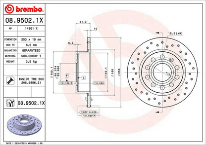 brembo XTRA BRAKE DISC AUDI A3スポーツバック 8PBYT/8PBZB/8PCDA 2007/04〜2013/09 リア左右セット 08.9502.1X