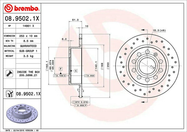 brembo XTRA BRAKE DISC VOLKSWAGEN ビートル 16CPL 2013/10〜 リア左右セット 08.9502.1X