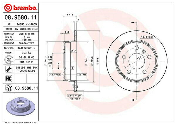 brembo BRAKE DISC MERCEDES BENZ Aクラス W169 169032/169033 2005/02〜2012/12 リア左右セット 08.9580.11