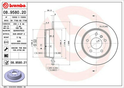 brembo BRAKE DISC MERCEDES BENZ Aクラス W168 168032 1999/10〜2005/02 リア左右セット 08.9580.21
