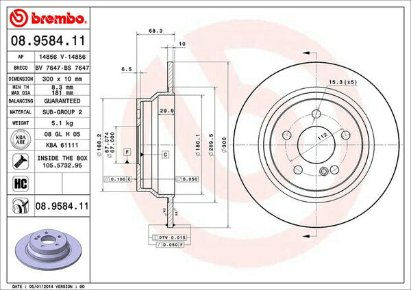 brembo BRAKE DISC MERCEDES BENZ Eクラス W212(セダン) 212047C 2009/05〜2013/05 リア左右セット 08.9584.11