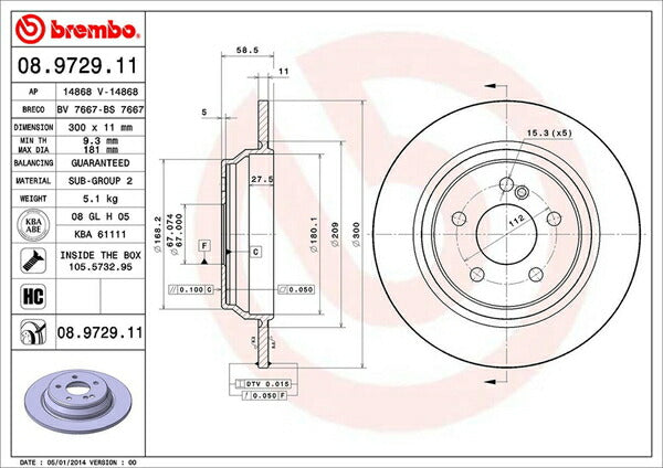 brembo BRAKE DISC MERCEDES BENZ Sクラス W220 220065 1998/11〜2002/10 リア左右セット 08.9729.11