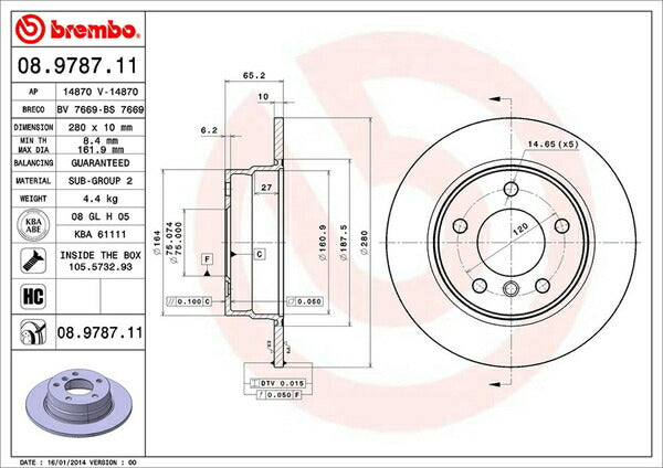 brembo BRAKE DISC BMW 1シリーズ E87 UF16 2004/09〜2007/04 リア左右セット 08.9787.11
