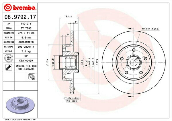 brembo BRAKE DISC RENAULT ラグナ GF4 2003〜 リア左右セット 08.9792.17