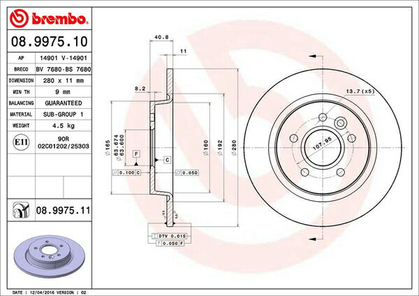 brembo BRAKE DISC VOLVO V40 MB5204T/MB420XC 2013/02〜 リア左右セット 08.9975.11