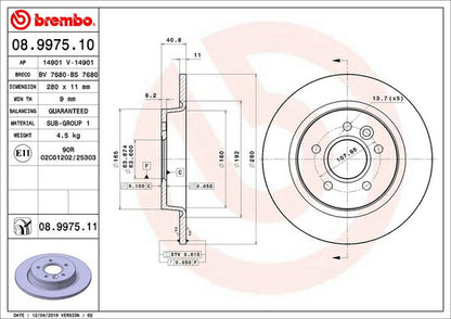 brembo BRAKE DISC VOLVO V40 MB5204T/MB420XC 2013/02〜 リア左右セット 08.9975.11
