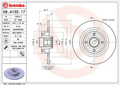 brembo BRAKE DISC RENAULT メガーヌII(ワゴン) KMK4M/KMF4 2004/06〜 リア左右セット 08.A135.17