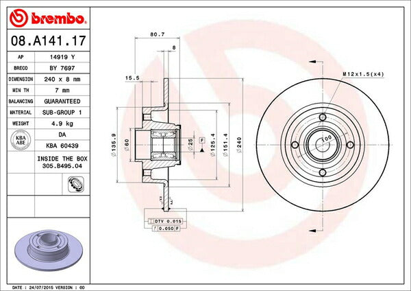 brembo BRAKE DISC RENAULT メガーヌII(カブリオレ) EMF4 2005/01〜 リア左右セット 08.A141.17