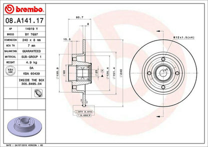 brembo BRAKE DISC RENAULT トゥインゴ NK4M 2009/10〜2016/09 リア左右セット 08.A141.17