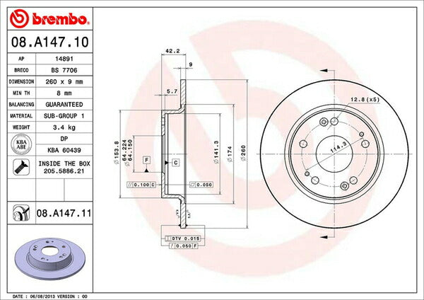 brembo BRAKE DISC ホンダ シビック FN2 2009/11〜2012/06 リア左右セット 08.A147.11