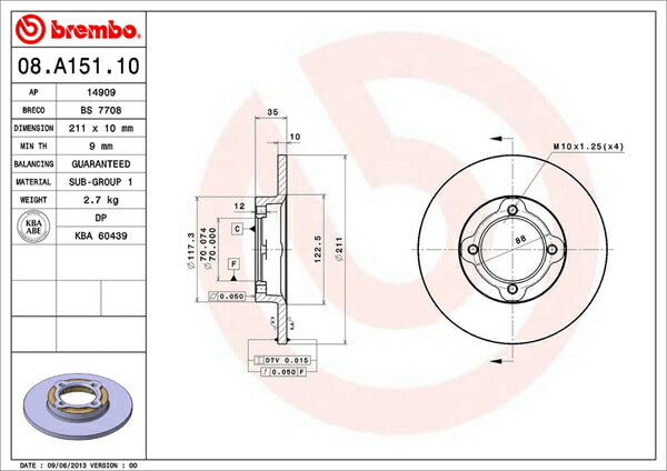 brembo BRAKE DISC ダイハツ ミラ L200V 1990/03〜1995/01 フロント左右セット 08.A151.10
