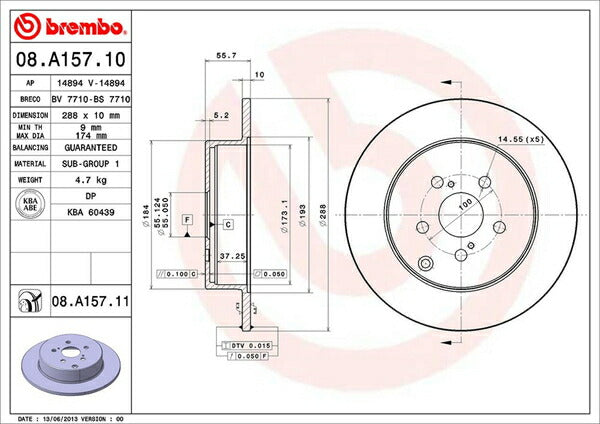 brembo BRAKE DISC トヨタ カルディナ ST246W 2002/09〜2007/06 リア左右セット 08.A157.10