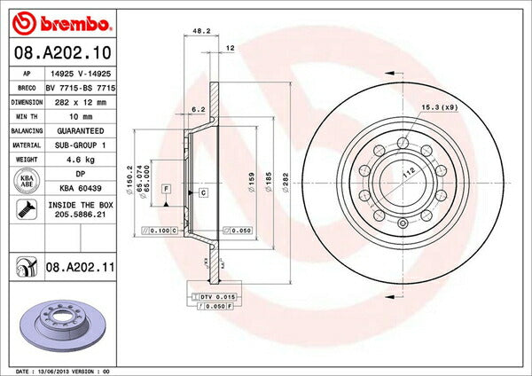 brembo BRAKE DISC VOLKSWAGEN ジェッタ 1KAXX 2006/01〜2009/11 リア左右セット 08.A202.11