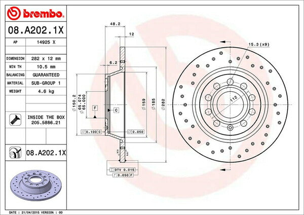 brembo XTRA BRAKE DISC AUDI A3スポーツバック 8PBUBF 2004/10〜2013/09 リア左右セット 08.A202.1X