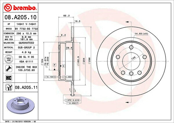 brembo BRAKE DISC BMW 1シリーズ E87 UF20 2004/09〜2006/01 リア左右セット 08.A205.10