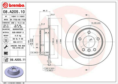 brembo BRAKE DISC BMW 1シリーズ E87 UF20 2004/09〜2006/01 リア左右セット 08.A205.10