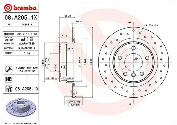 brembo XTRA BRAKE DISC BMW 1シリーズ E87 UD20 2010/05〜2011/09 リア左右セット 08.A205.1X