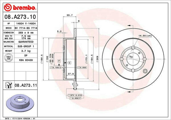 brembo BRAKE DISC トヨタ イスト NCP61 2002/04〜2007/07 リア左右セット 08.A273.10