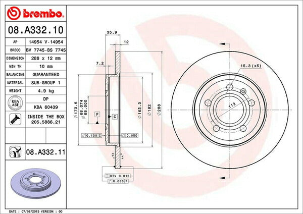 brembo BRAKE DISC AUDI A4(B7) 8EBGBF/8EBWEF 2005/02〜2008/03 リア左右セット 08.A332.11