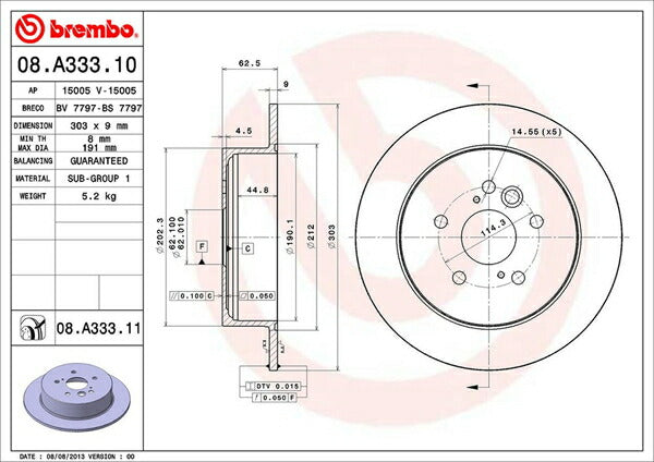 brembo BRAKE DISC トヨタ RAV4 ACA20W/ZCA25W 2000/05〜2005/11 リア左右セット 08.A333.10