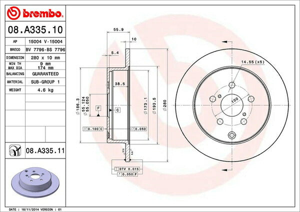 brembo BRAKE DISC トヨタ アベンシス AZT250/AZT251/AZT255 2003/07〜2011/09 リア左右セット 08.A335.10