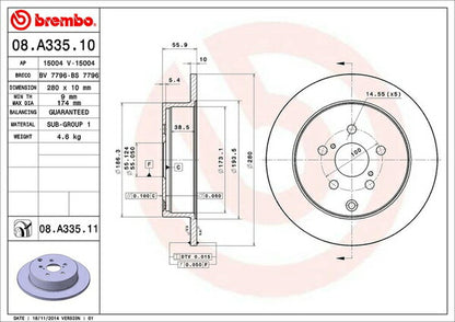 brembo BRAKE DISC トヨタ アベンシス AZT250/AZT251/AZT255 2003/07〜2011/09 リア左右セット 08.A335.10