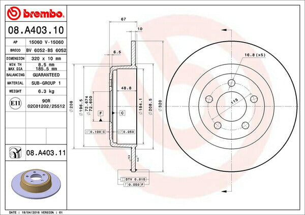 brembo BRAKE DISC CHRYSLER 300 LX36 2012/12〜 リア左右セット 08.A403.11