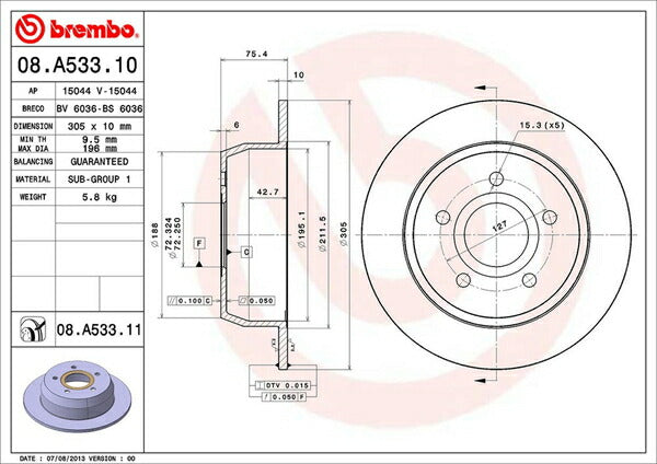 brembo BRAKE DISC JEEP グランドチェロキー WJ40/WJ47 1999〜2005 リア左右セット 08.A533.11