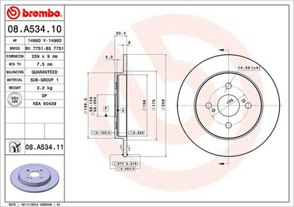 brembo BRAKE DISC トヨタ iQ KGJ10/NGJ10 2008/11〜2016/08 リア左右セット 08.A534.11