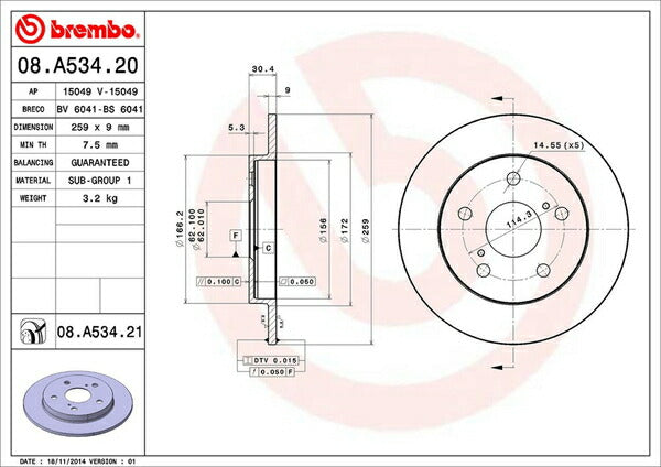 brembo BRAKE DISC トヨタ カローラルミオン ZRE154N 2007/10〜 リア左右セット 08.A534.20