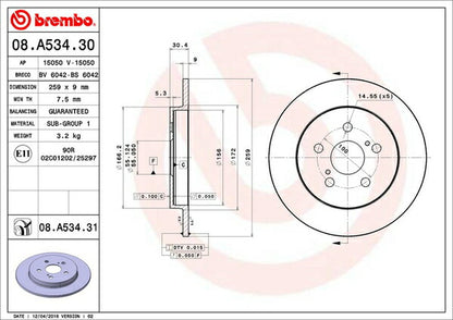 brembo BRAKE DISC トヨタ プリウス ZVW50/ZVW51/ZVW55 2015/12〜 リア左右セット 08.A534.31